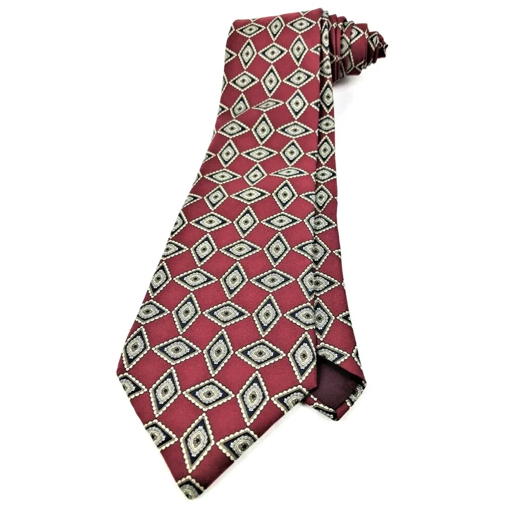 Yves Saint Laurent Burgundy Geometric Diamond Print Silk Vintage Men Neck Tie